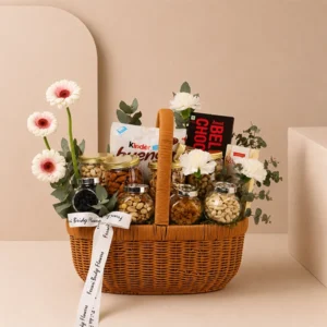 Gourmet Nuts, Chocolates & Flowers Gift Basket