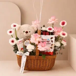 Pink Flowers, Teddy & Chocolate Gift Basket